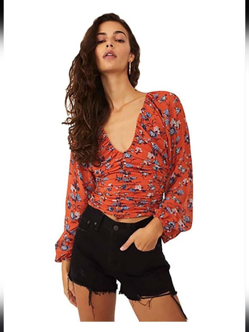 Free People Ruched Long-Sleeve Floral Crop Top - Rust